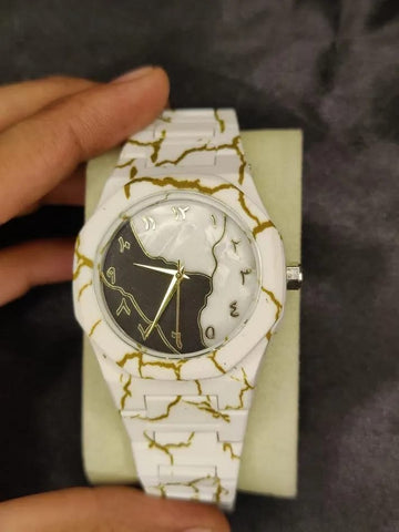 White Marble Arabic Aura Watch - Luxury Black & White Dial